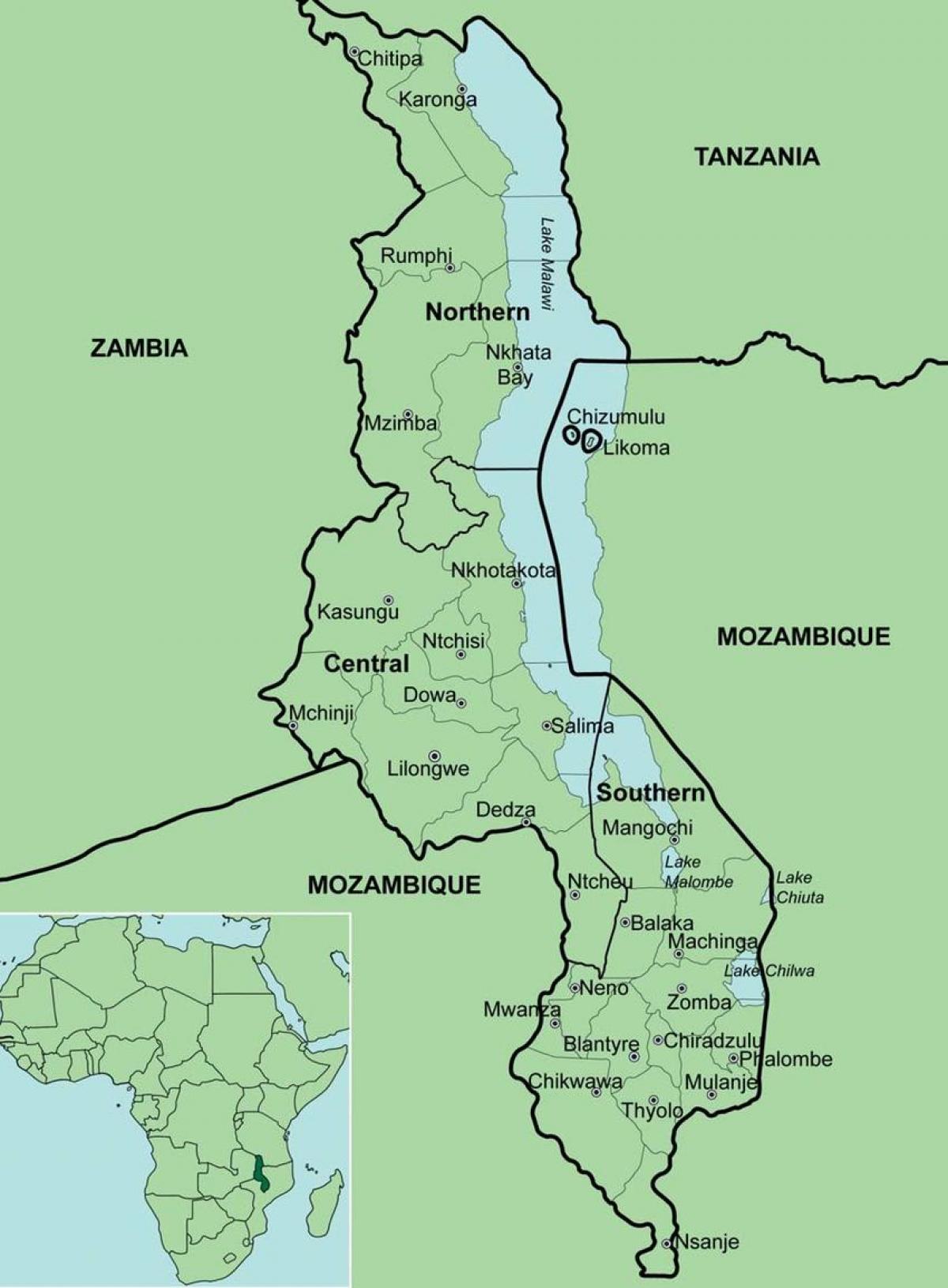 Karte von Malawi zeigt, Bezirke