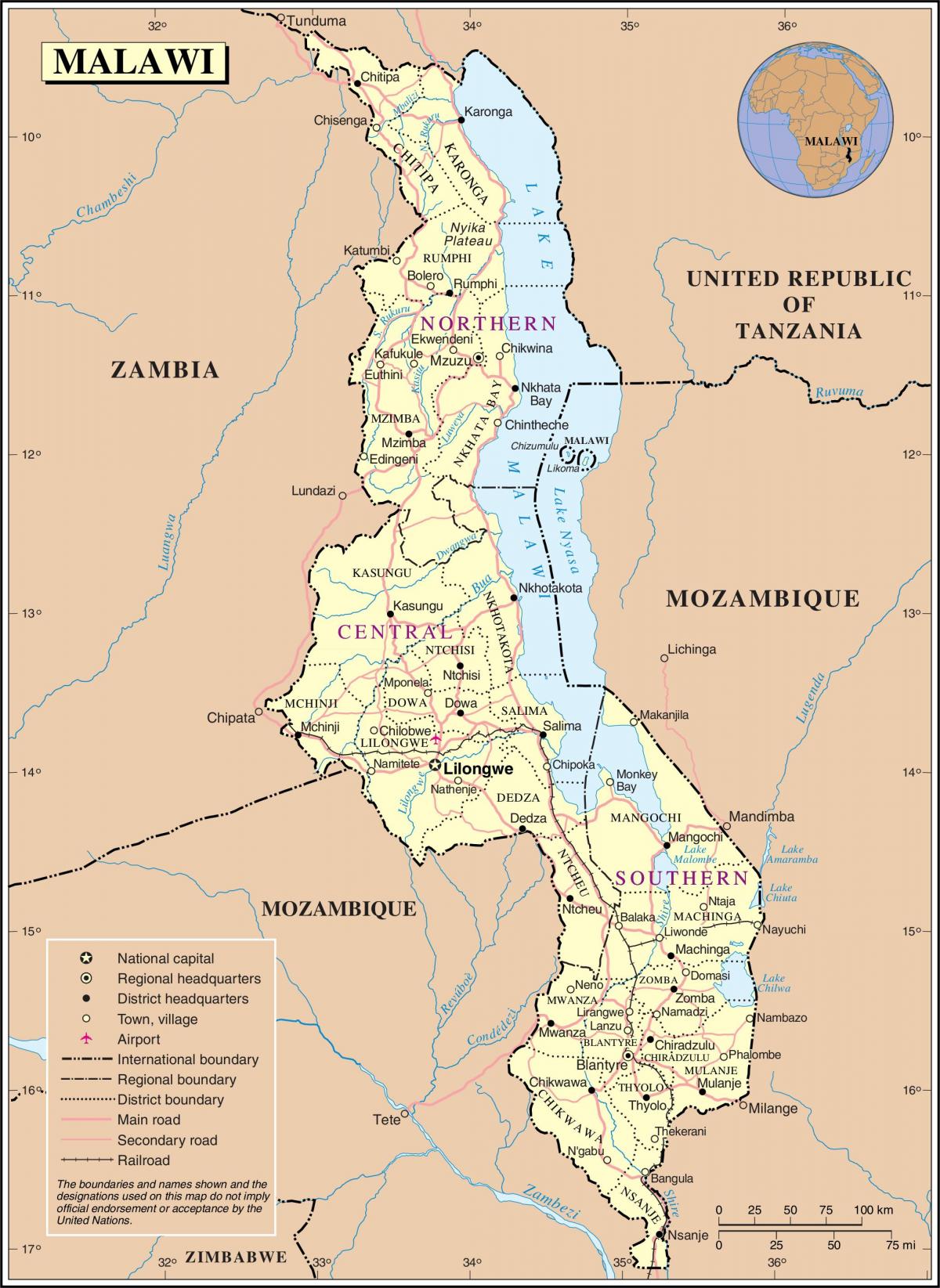 Karte von Malawi zeigt Straßen